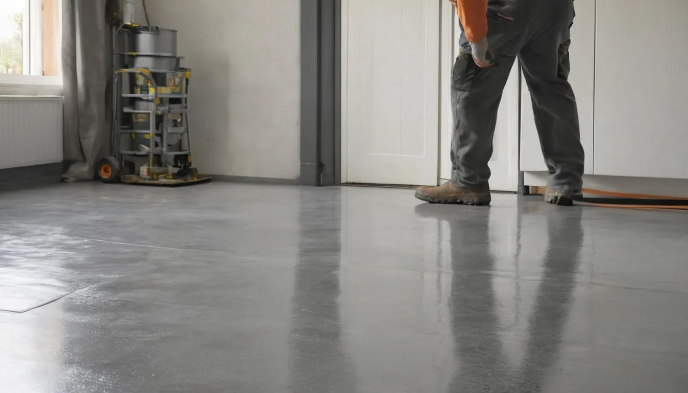 Provider applying a protective coating to a clean concrete slab in a Treasure Island home